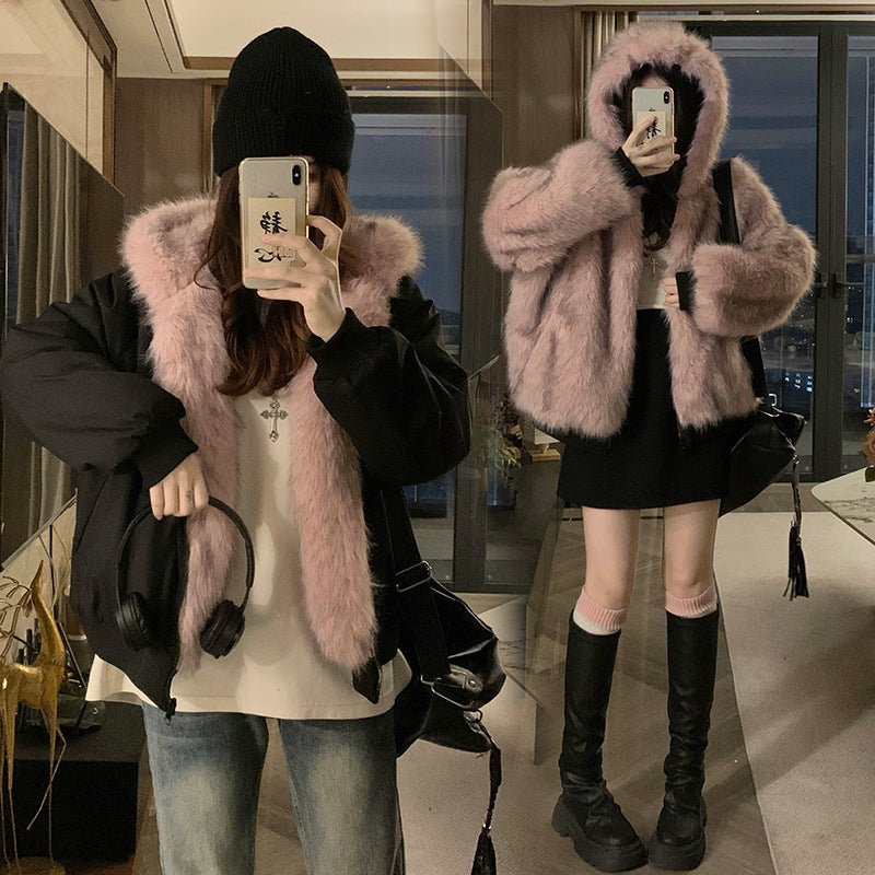 Veste courte ample style américain à capuche rétro, doublée en shearling épais M - IVOIRART.COM