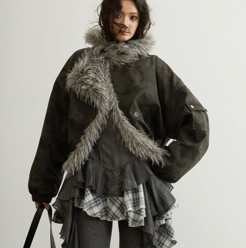 Veste courte taille haute style aviateur avec capuche et col en fourrure - IVOIRART.COM