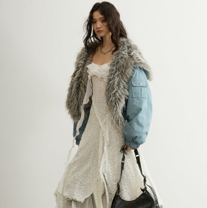 Veste courte taille haute style aviateur avec capuche et col en fourrure - IVOIRART.COM