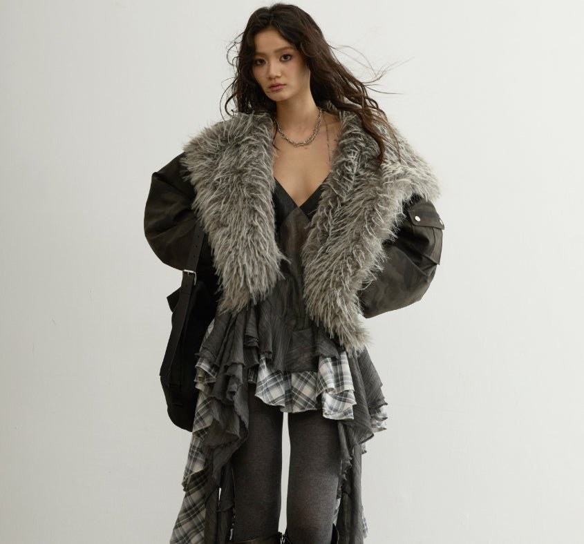 Veste courte taille haute style aviateur avec capuche et col en fourrure - IVOIRART.COM