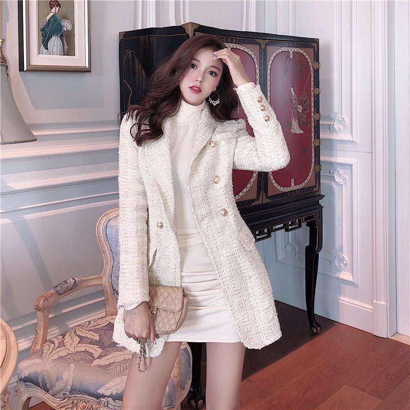 Veste croisée en tweed col tailleur, coupe slim, style coréen automne-hiver chic - IVOIRART.COM