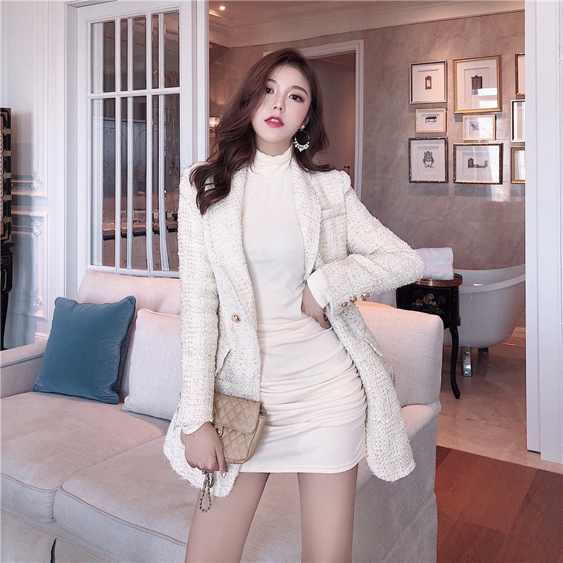 Veste croisée en tweed col tailleur, coupe slim, style coréen automne-hiver chic - IVOIRART.COM