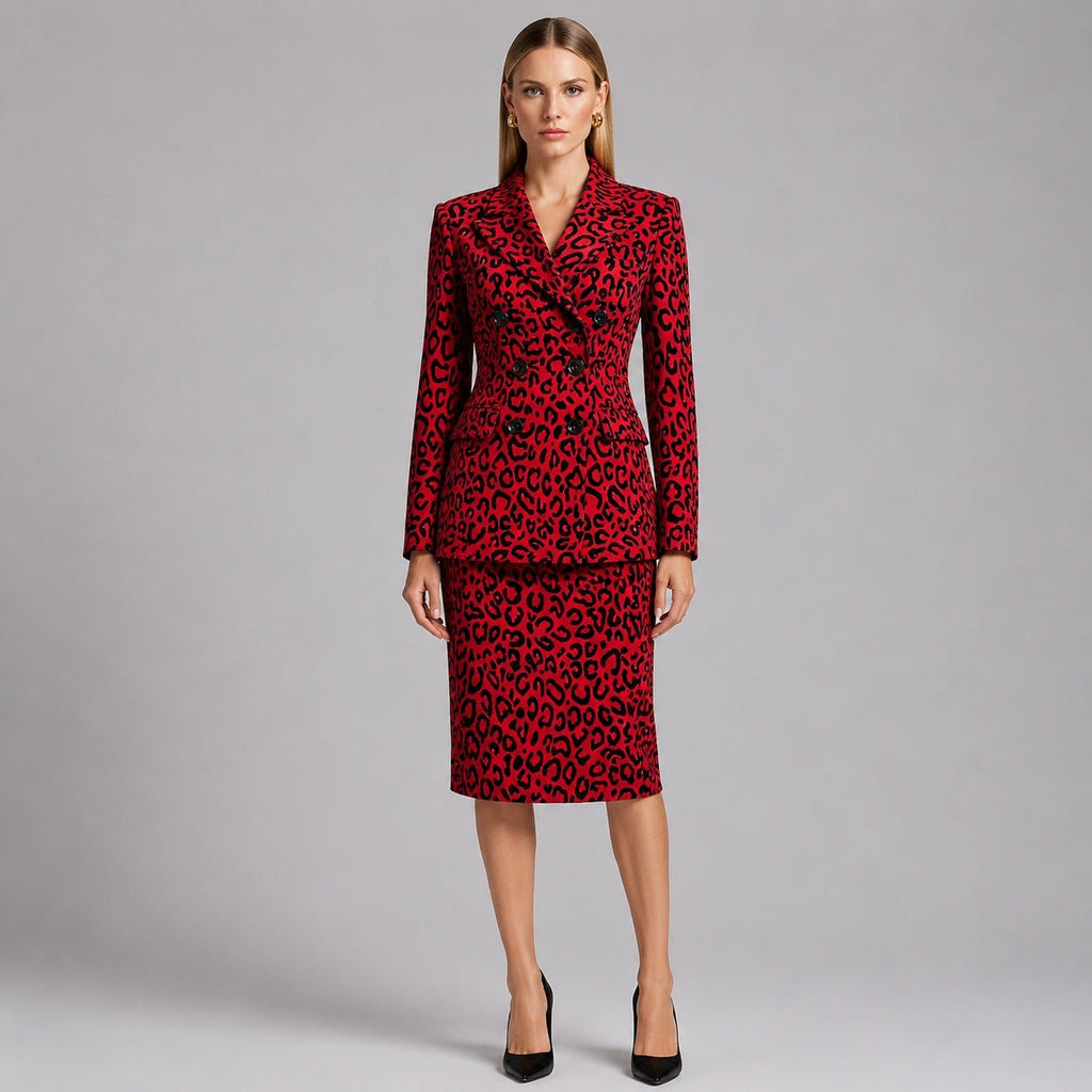 Veste croisée léopard et jupe crayon midi - Ensemble costume 2 pièces rouge 2026 - IVOIRART.COM