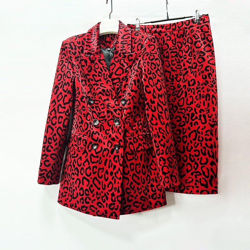 Veste croisée léopard et jupe crayon midi - Ensemble costume 2 pièces rouge 2026 - IVOIRART.COM