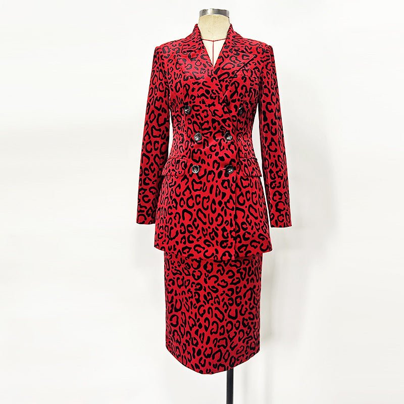 Veste croisée léopard et jupe crayon midi - Ensemble costume 2 pièces rouge 2026 - IVOIRART.COM