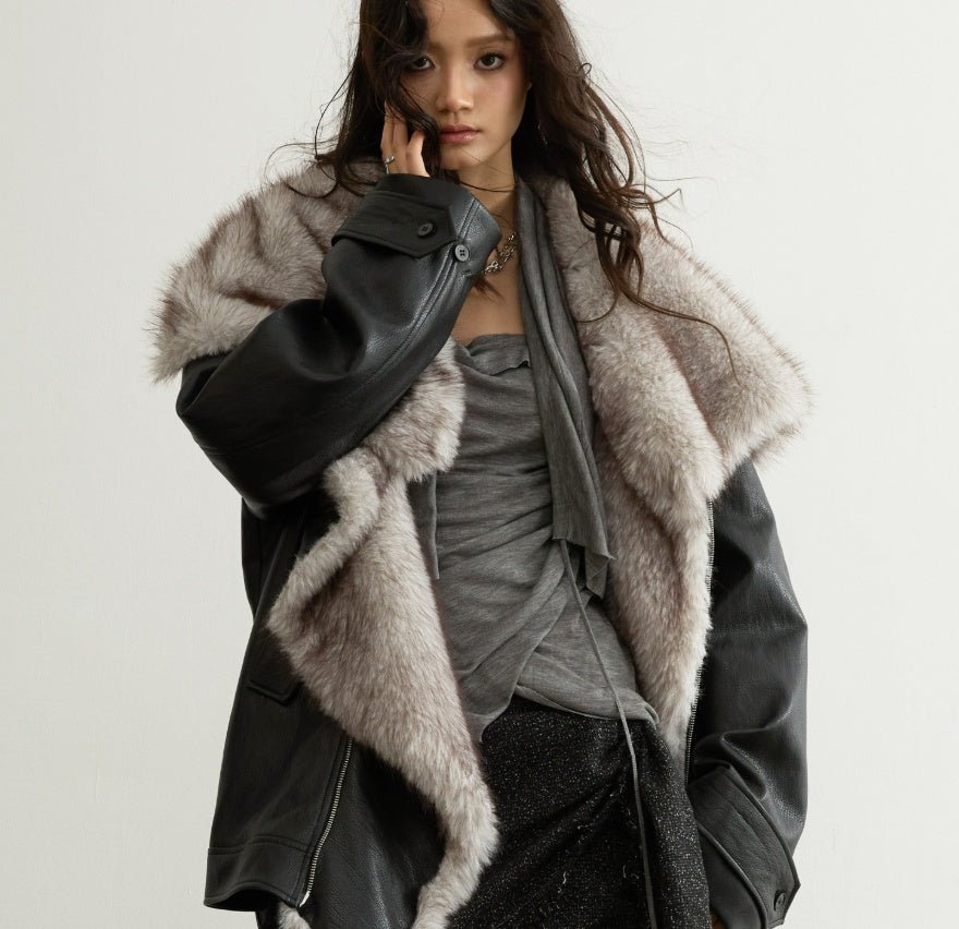 Veste élégante en cuir PU avec col en fausse fourrure amovible pour femme - IVOIRART.COM