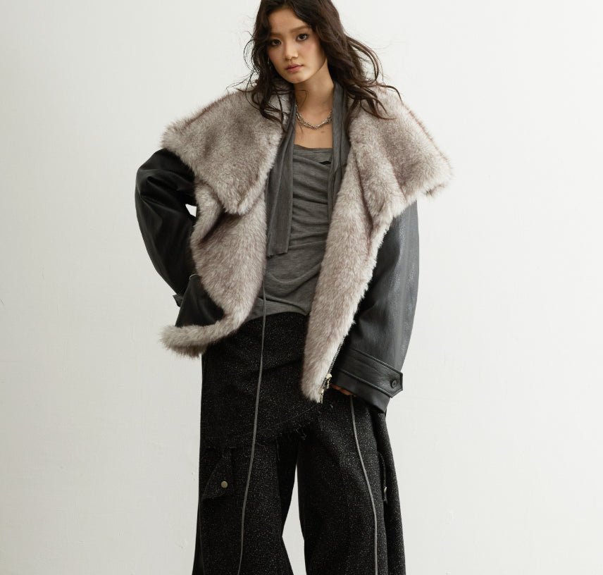 Veste élégante en cuir PU avec col en fausse fourrure amovible pour femme - IVOIRART.COM