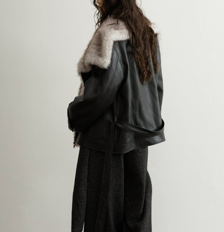 Veste élégante en cuir PU avec col en fausse fourrure amovible pour femme - IVOIRART.COM