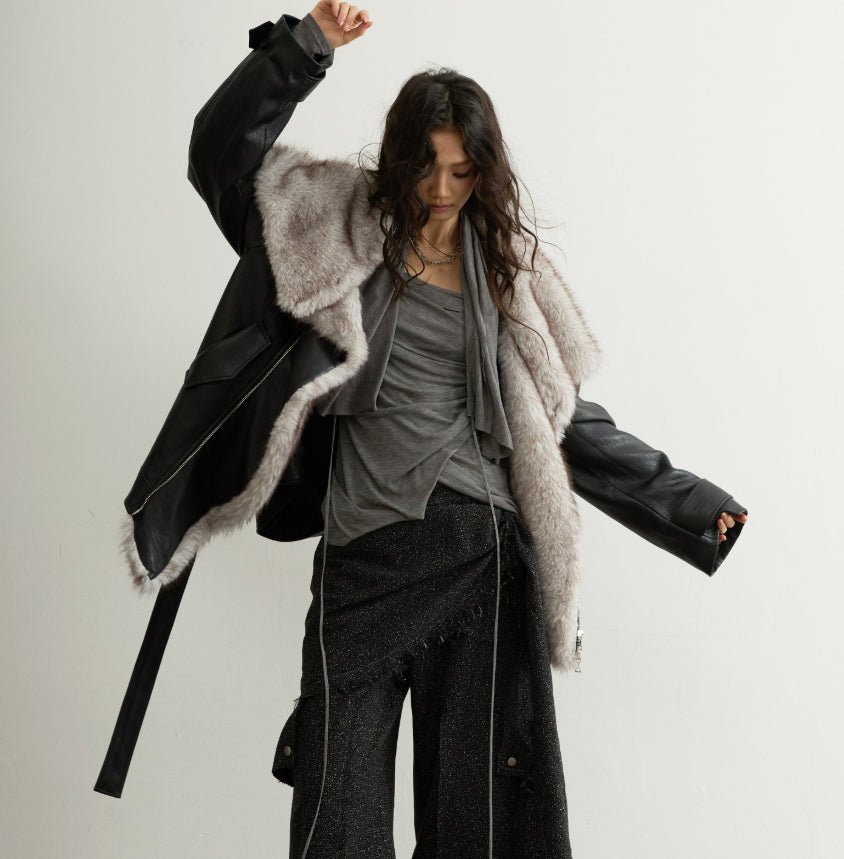 Veste élégante en cuir PU avec col en fausse fourrure amovible pour femme - IVOIRART.COM