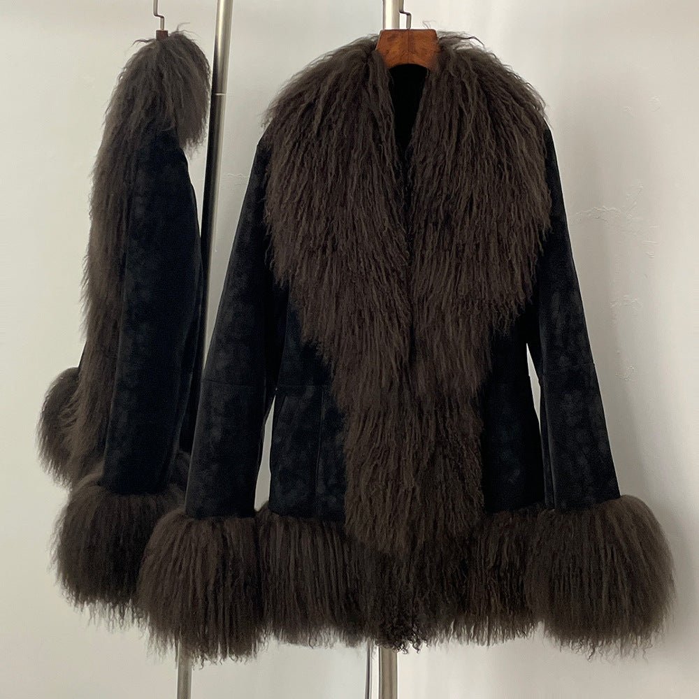 Veste épaissie en laine effet daim avec col en fourrure d'agneau et poches style! - IVOIRART.COM
