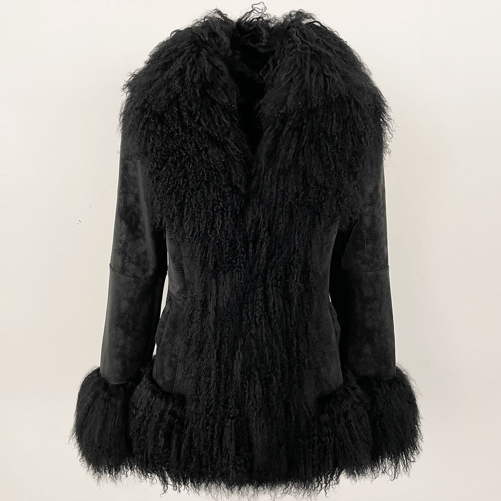 Veste épaissie en laine effet daim avec col en fourrure d'agneau et poches style! - IVOIRART.COM