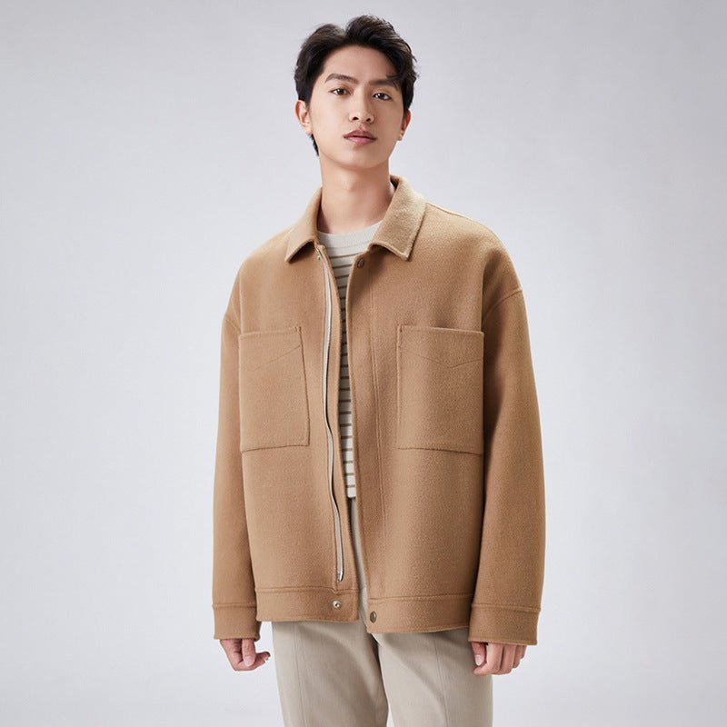 Veste Homme Courte Ample en Laine Double-face à Fermeture Éclair, Col Revers art - IVOIRART.COM