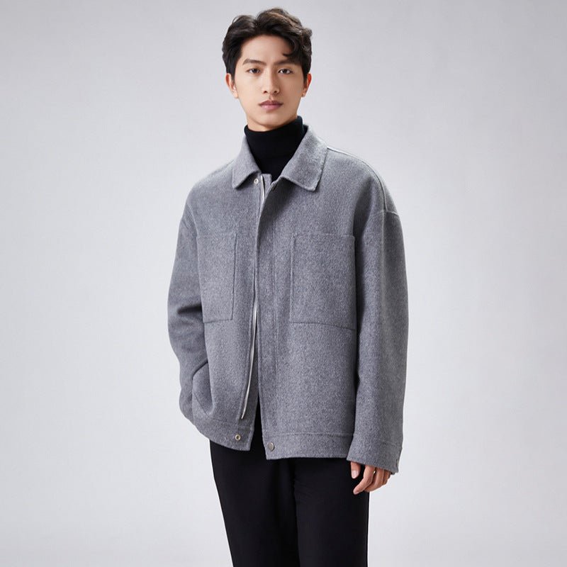 Veste Homme Courte Ample en Laine Double-face à Fermeture Éclair, Col Revers art - IVOIRART.COM