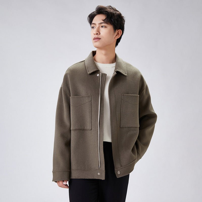 Veste Homme Courte Ample en Laine Double-face à Fermeture Éclair, Col Revers art - IVOIRART.COM