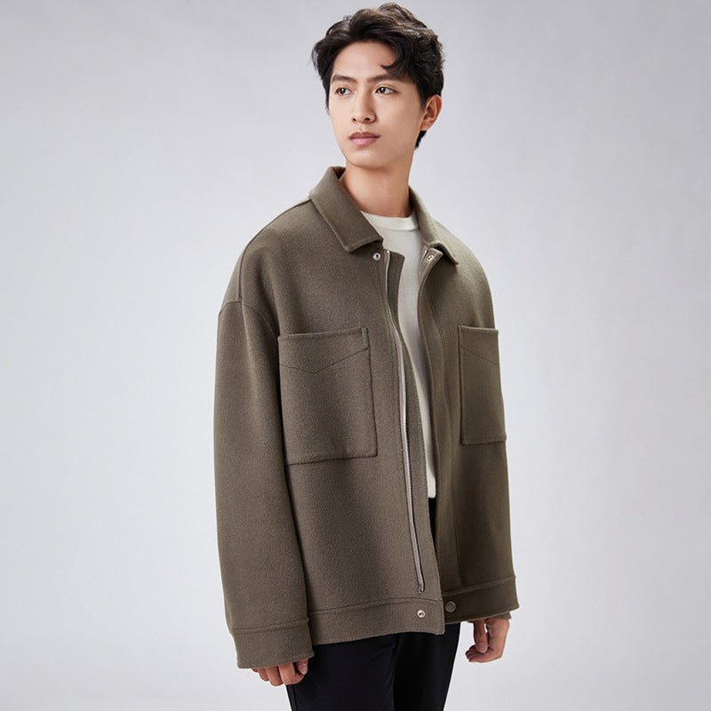 Veste Homme Courte Ample en Laine Double-face à Fermeture Éclair, Col Revers art - IVOIRART.COM