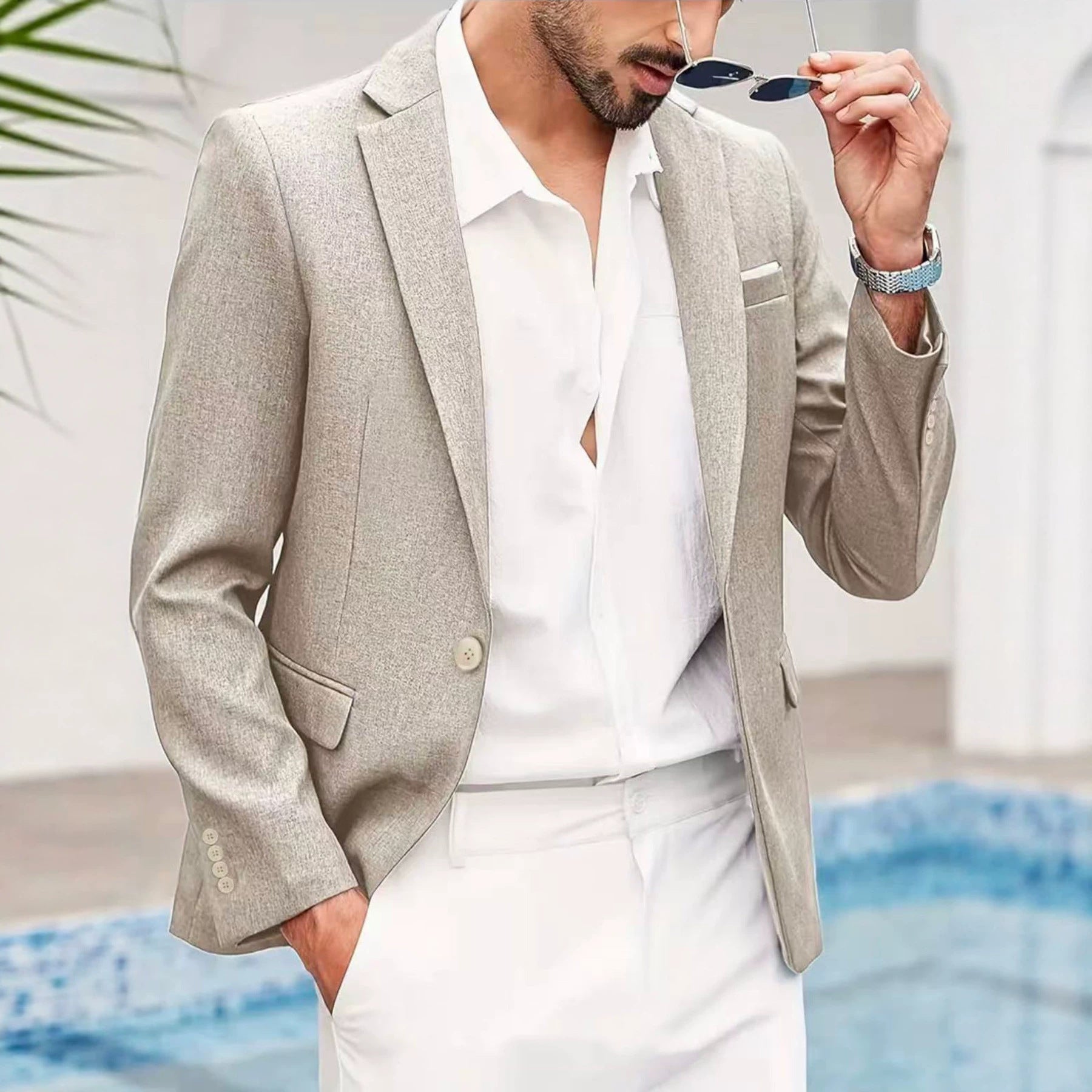 Veste légère décontractée pour homme style italien, été, tissu lin ajusté - IVOIRART.COM