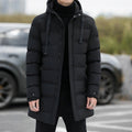 Veste longue à capuche homme hiver chaude coupe-vent mode couleur unie extérieure - IVOIRART.COM