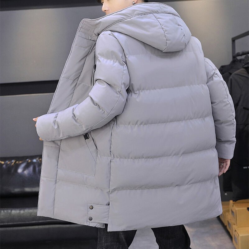 Veste longue à capuche homme hiver chaude coupe-vent mode couleur unie extérieure - IVOIRART.COM