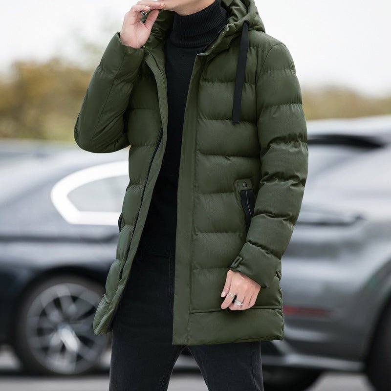 Veste longue à capuche homme hiver chaude coupe-vent mode couleur unie extérieure - IVOIRART.COM