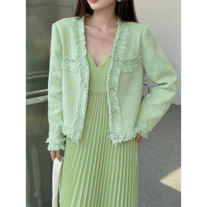 Veste Parfumée Tweed Verte French Temperament - Style Baseball Manches Longues SM - IVOIRART.COM
