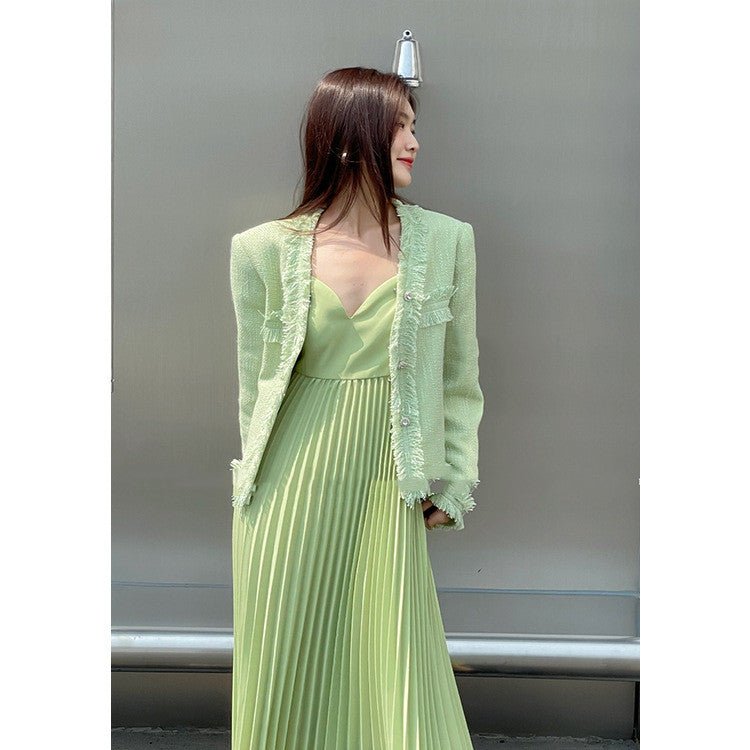 Veste Parfumée Tweed Verte French Temperament - Style Baseball Manches Longues SM - IVOIRART.COM