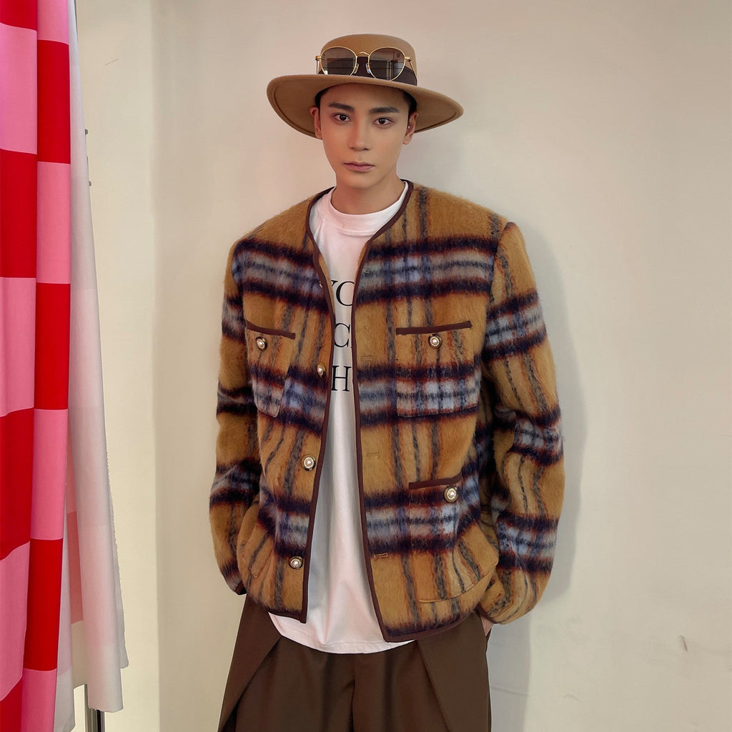 Veste sans col longue en laine mohair à carreaux vintage boutons décoratifs chic - IVOIRART.COM