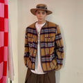 Veste sans col longue en laine mohair à carreaux vintage boutons décoratifs chic - IVOIRART.COM