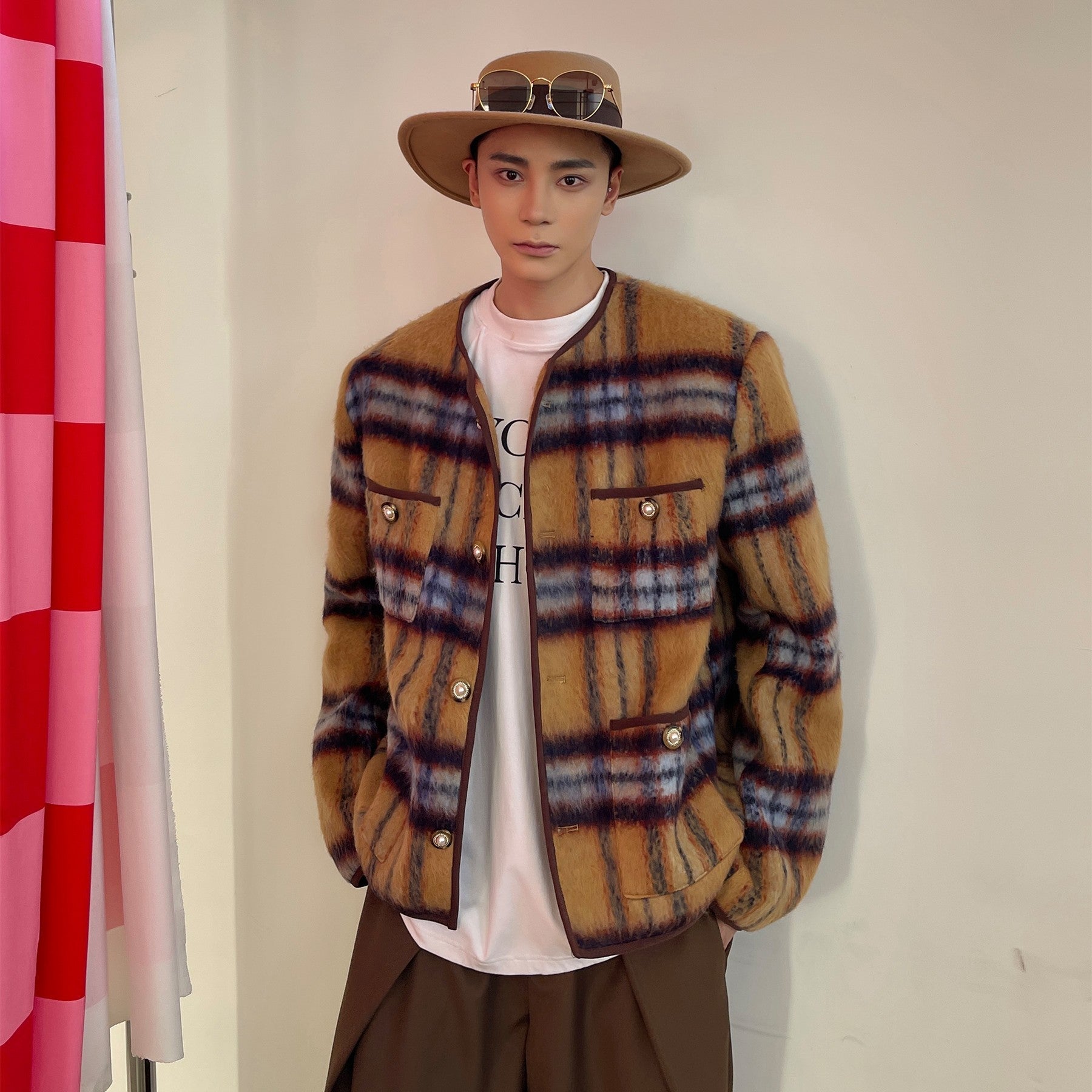 Veste sans col longue en laine mohair à carreaux vintage boutons décoratifs chic - IVOIRART.COM