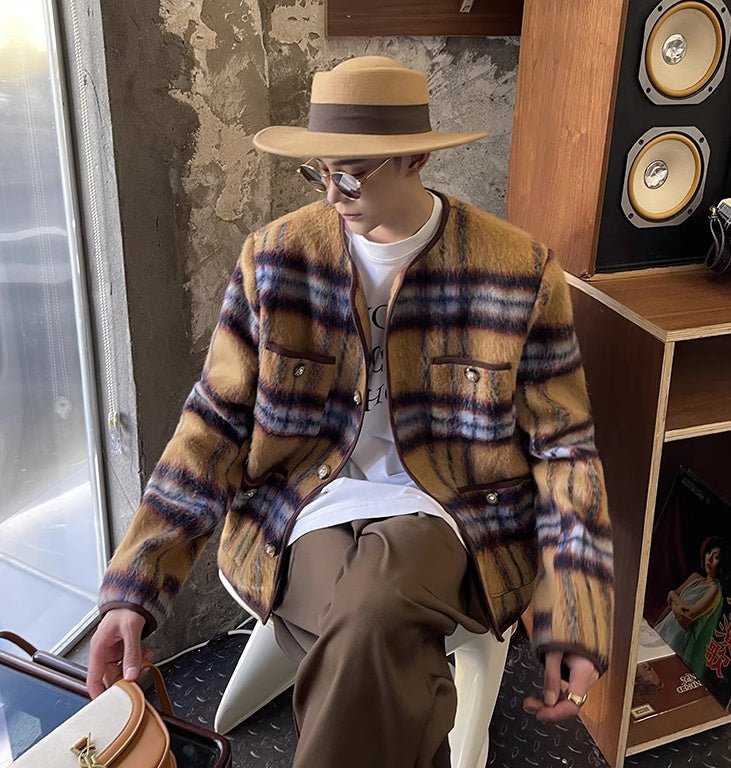 Veste sans col longue en laine mohair à carreaux vintage boutons décoratifs chic - IVOIRART.COM