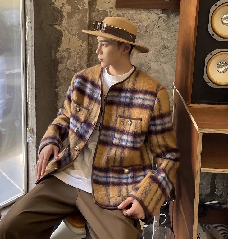 Veste sans col longue en laine mohair à carreaux vintage boutons décoratifs chic - IVOIRART.COM