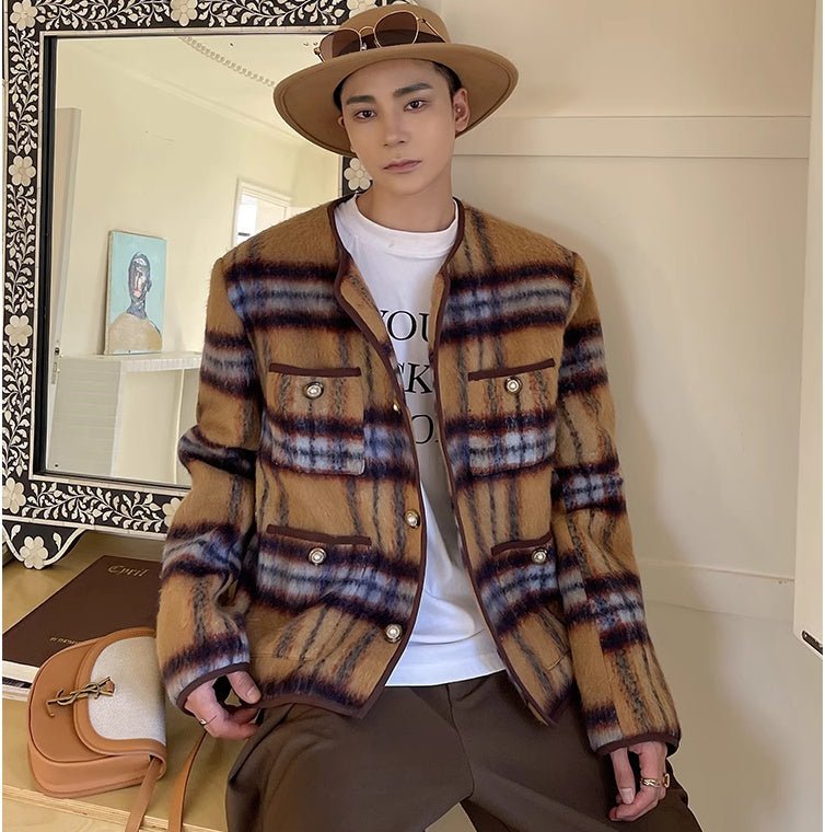 Veste sans col longue en laine mohair à carreaux vintage boutons décoratifs chic - IVOIRART.COM