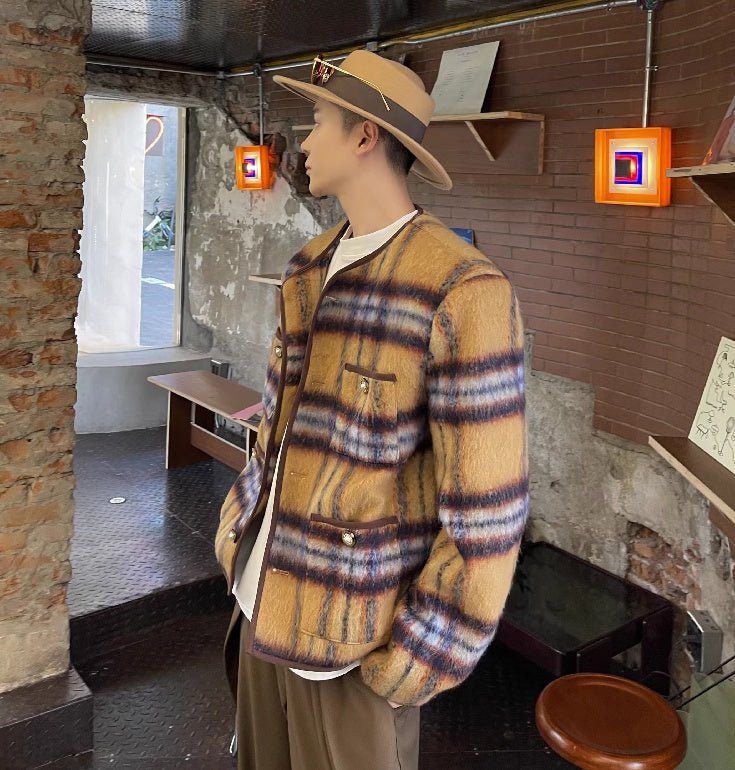 Veste sans col longue en laine mohair à carreaux vintage boutons décoratifs chic - IVOIRART.COM