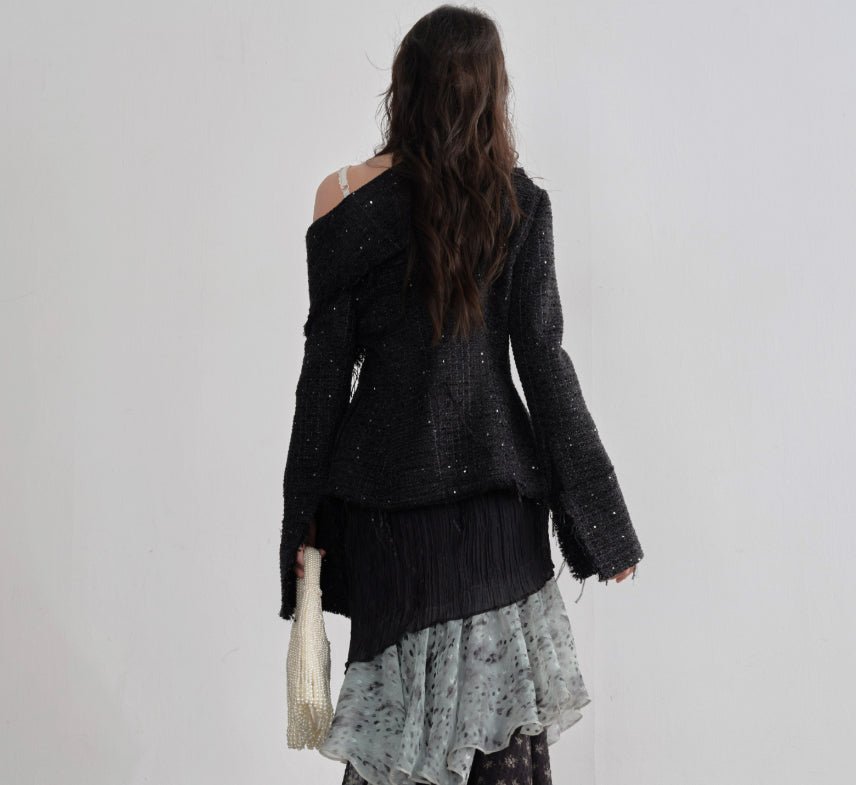 Veste style Chanel à devant incliné avec boutons métalliques décoratifs - IVOIRART.COM