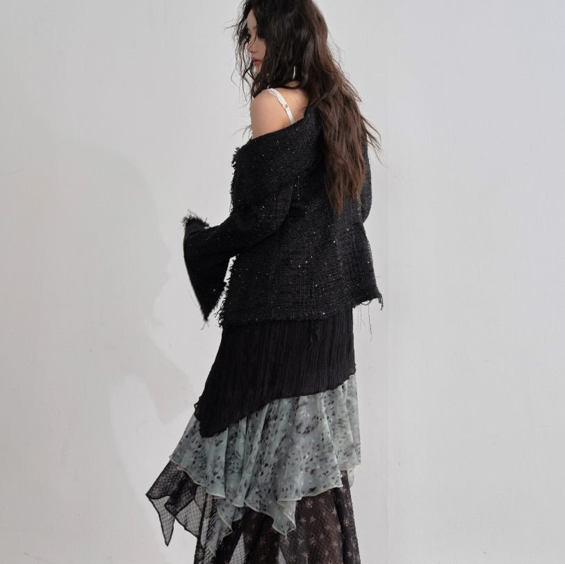 Veste style Chanel à devant incliné avec boutons métalliques décoratifs - IVOIRART.COM
