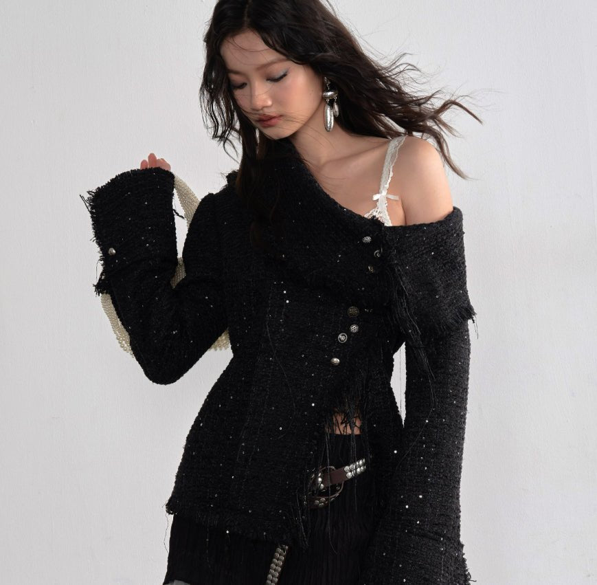Veste style Chanel à devant incliné avec boutons métalliques décoratifs - IVOIRART.COM