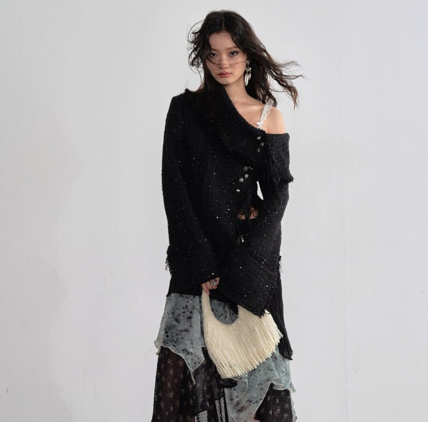 Veste style Chanel à devant incliné avec boutons métalliques décoratifs - IVOIRART.COM