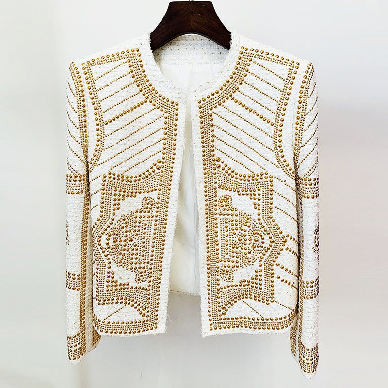 Veste tweed perlée Heavy Metal col rond, coupe slim, laine et nylon, noir/blanc. - IVOIRART.COM