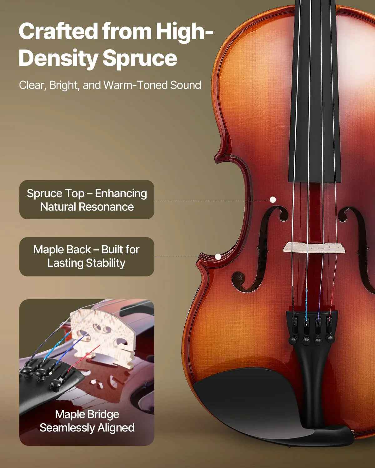 Violon 4/4 Taille Pleine pour Adultes, Ensemble Violon Débutants avec Étui Rigide, Colophane, Archet, Repose - Épaules, Chevalet, Cordes Supplémentaires, Instrument Bois Massif Professionnel (Brun Brillant) - IVOIRART.COM
