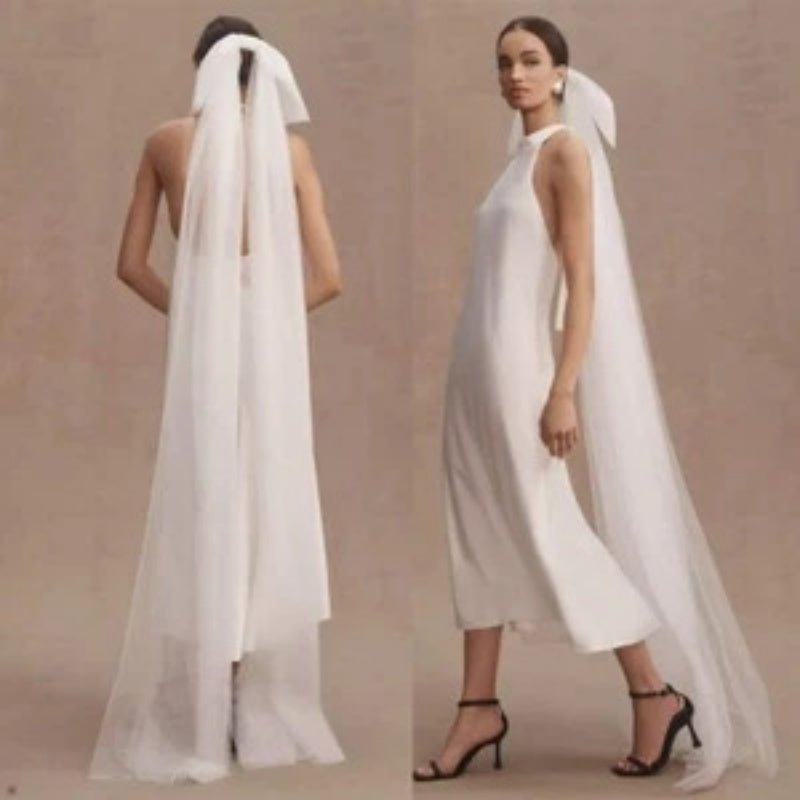 Voile de Mariée Minimaliste Blanc Double Couche en Tulle avec Nœud Décoratif - IVOIRART.COM