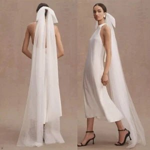 Voile de Mariée Minimaliste Blanc Double Couche en Tulle avec Nœud Décoratif - IVOIRART.COM