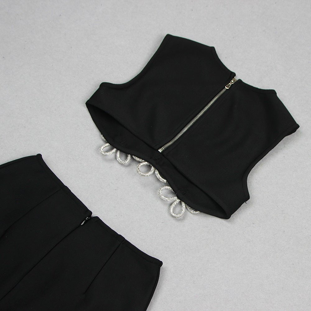 Women's Fashion Cutout Sleeveless Rhinestone Top Skirt Suit Bandage - IVOIRART.COM