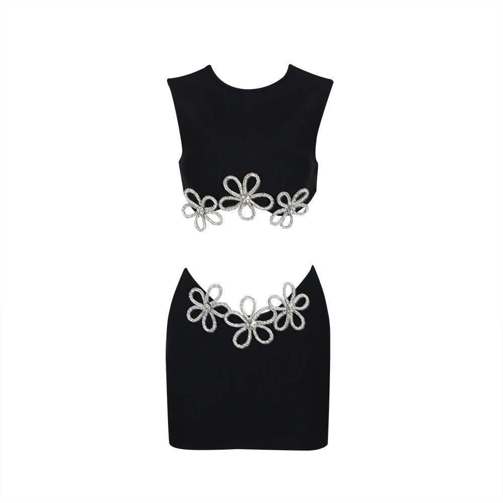 Women's Fashion Cutout Sleeveless Rhinestone Top Skirt Suit Bandage - IVOIRART.COM