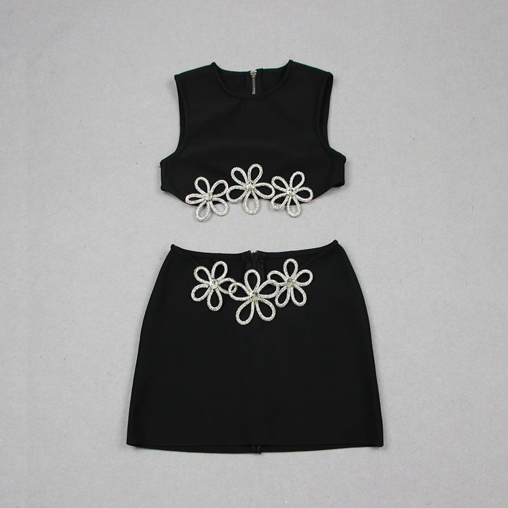 Women's Fashion Cutout Sleeveless Rhinestone Top Skirt Suit Bandage - IVOIRART.COM