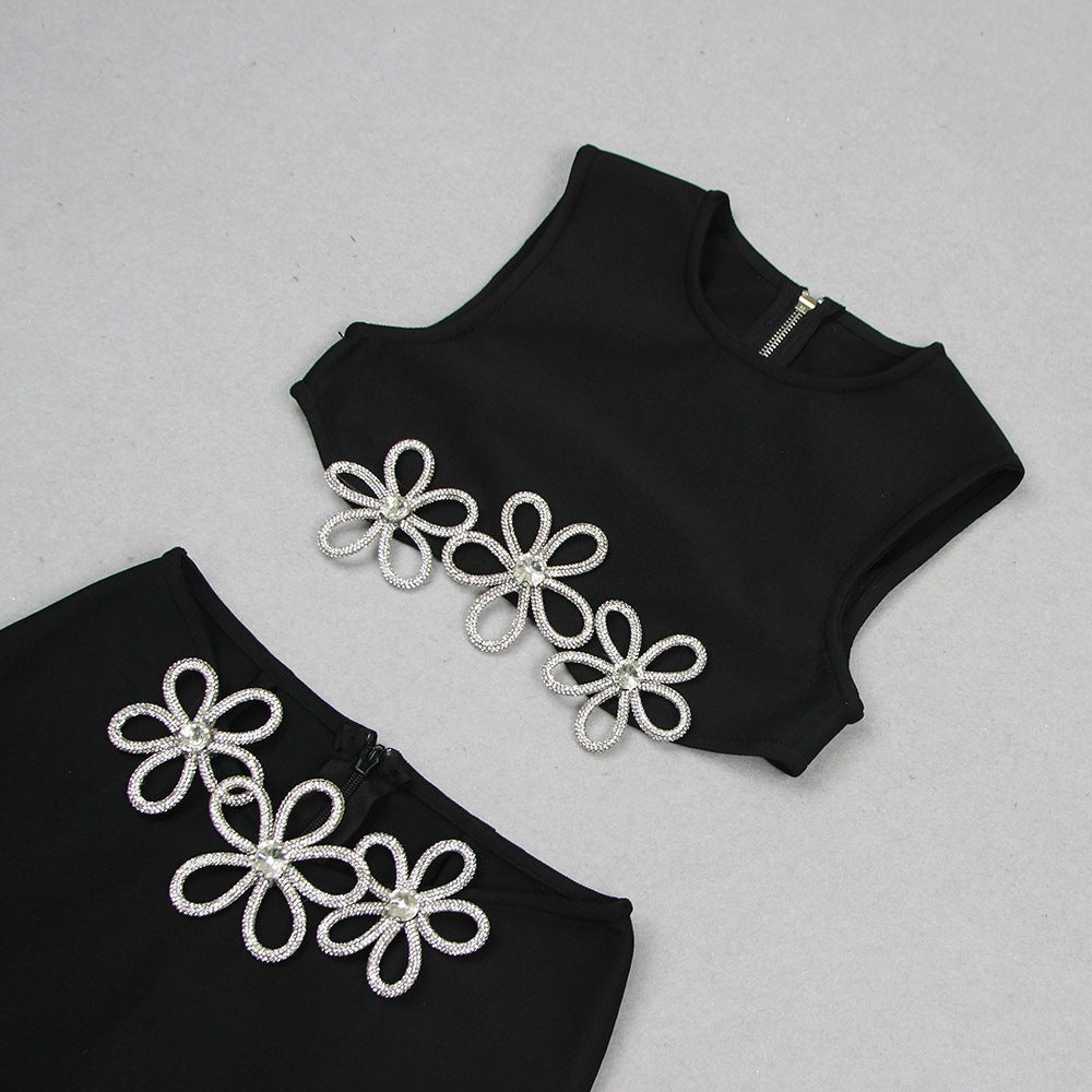 Women's Fashion Cutout Sleeveless Rhinestone Top Skirt Suit Bandage - IVOIRART.COM