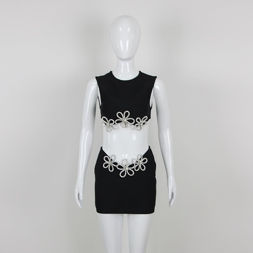 Women's Fashion Cutout Sleeveless Rhinestone Top Skirt Suit Bandage - IVOIRART.COM