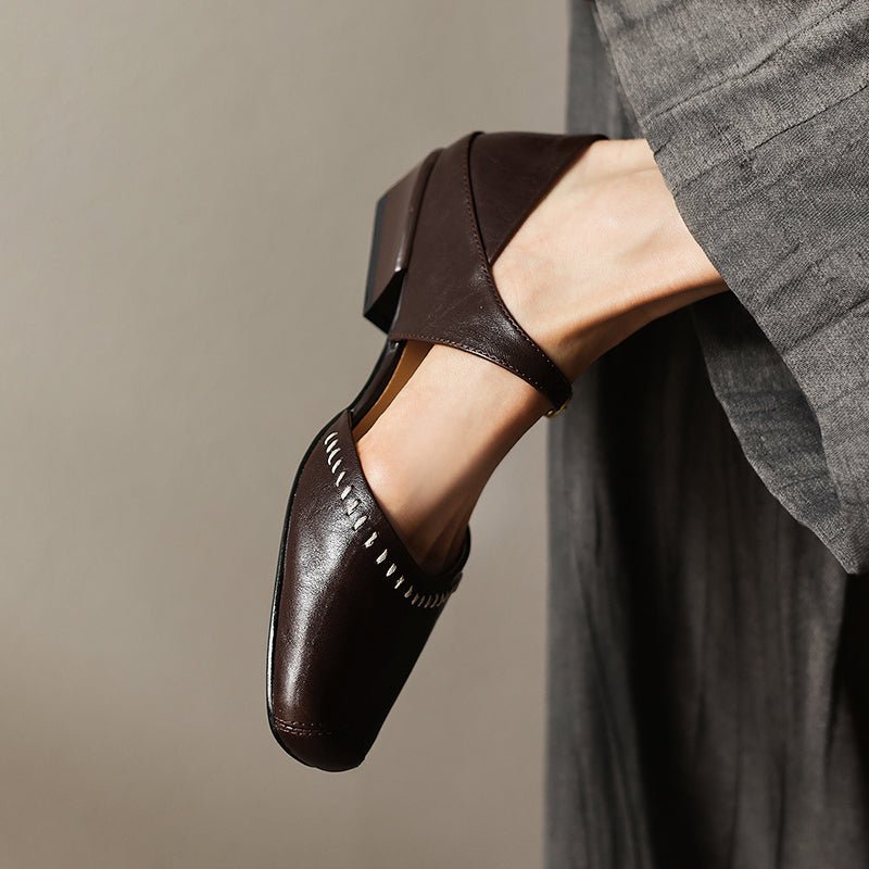 Women's Handcrafted Full-Grain Leather Mary Jane Flats, Square Toe Low Heel Shoes With Contrast Stitching - IVOIRART.COM