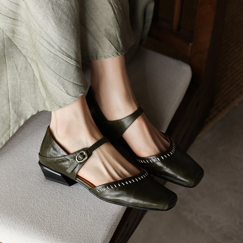 Women's Handcrafted Full-Grain Leather Mary Jane Flats, Square Toe Low Heel Shoes With Contrast Stitching - IVOIRART.COM