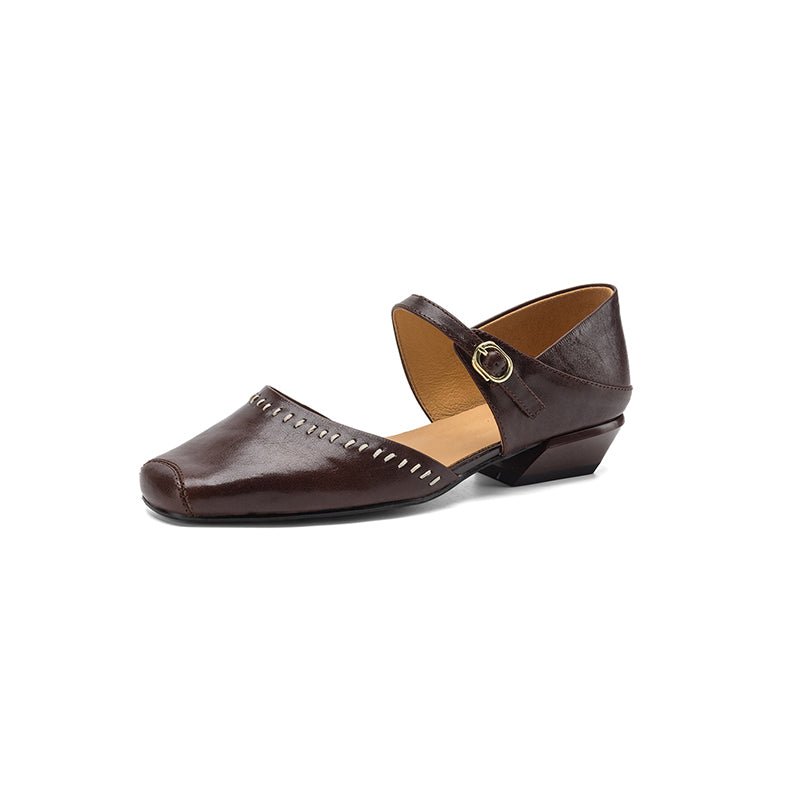 Women's Handcrafted Full-Grain Leather Mary Jane Flats, Square Toe Low Heel Shoes With Contrast Stitching - IVOIRART.COM