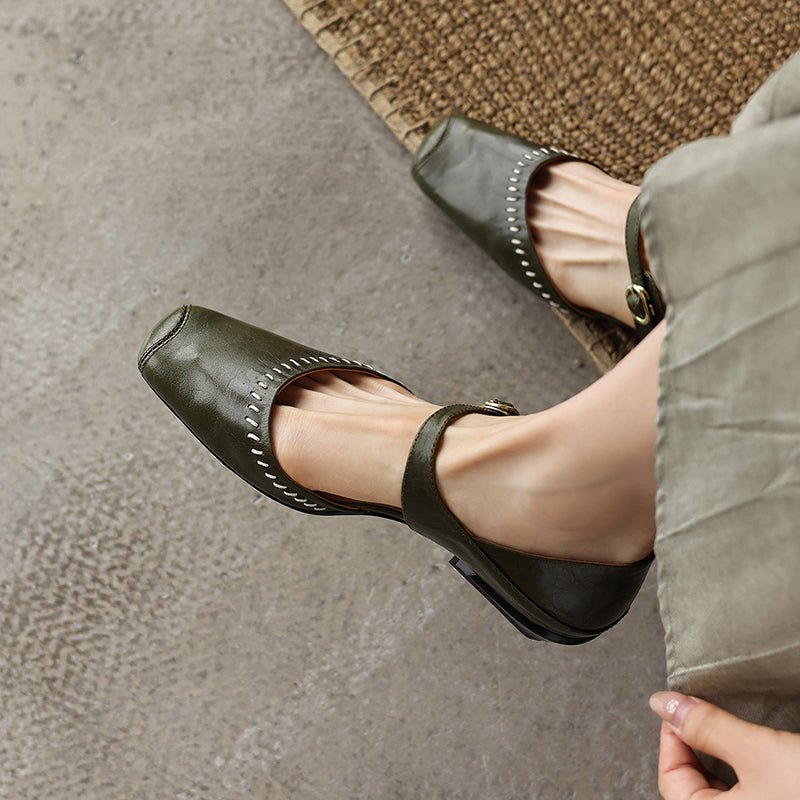 Women's Handcrafted Full-Grain Leather Mary Jane Flats, Square Toe Low Heel Shoes With Contrast Stitching - IVOIRART.COM