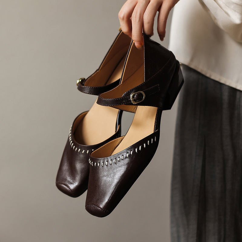 Women's Handcrafted Full-Grain Leather Mary Jane Flats, Square Toe Low Heel Shoes With Contrast Stitching - IVOIRART.COM